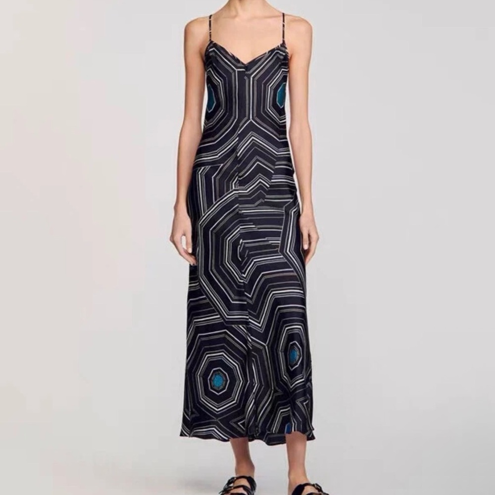 Sandro Silk Geometric Maxi Slip Dress in Black and Blue
